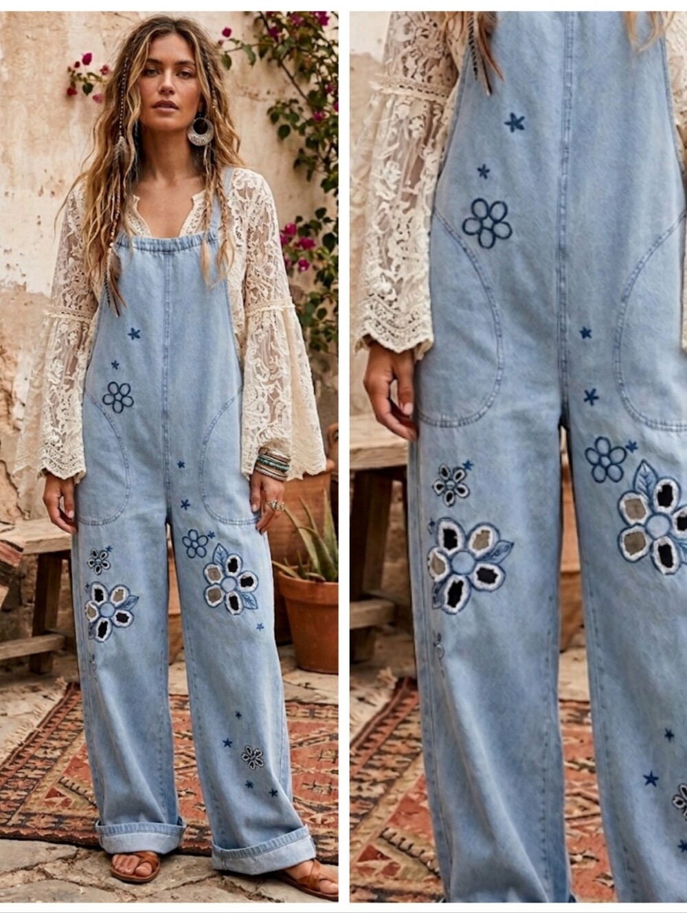 Boutique Light Wash Embroidered Denim Lazer Cut Flower Overalls - Women Jeans